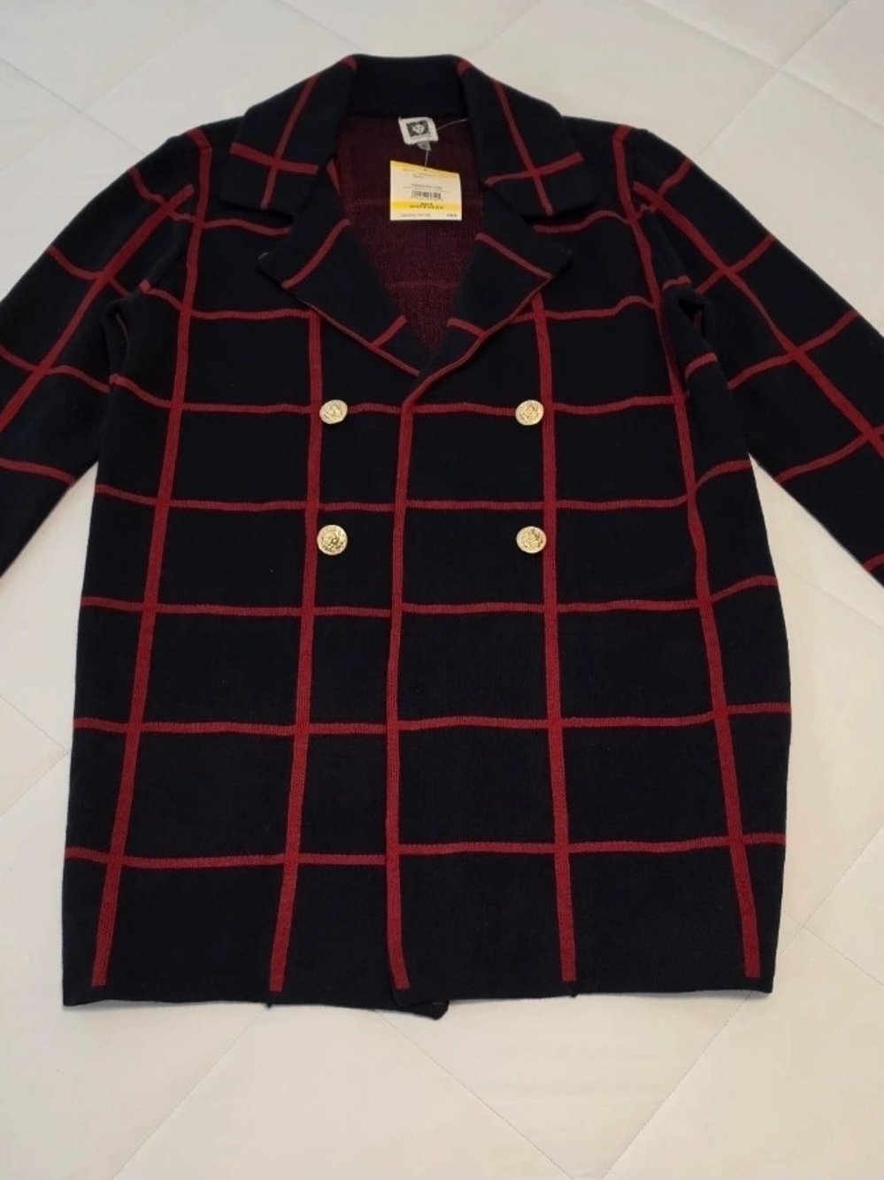Double-Breasted Black & Red Windowpane Sweater Coat